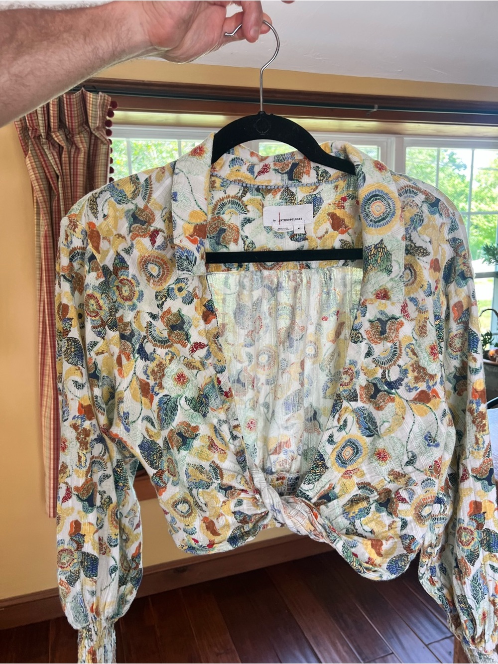 Anthropologie Multicolor Floral-Paisley Tie Front Top in Cream, Yellow & Teal